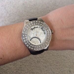 Dufonte Swarovski Silver Crystal Sun Face Black Leather Water Resistant Watch